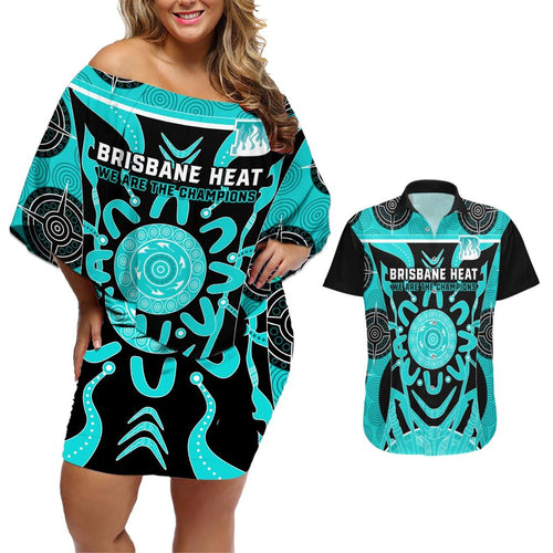 Custom Brisbane Heat Couples Matching Off Shoulder Short Dress and Hawaiian Shirt We Are The Champions Aboriginal Art