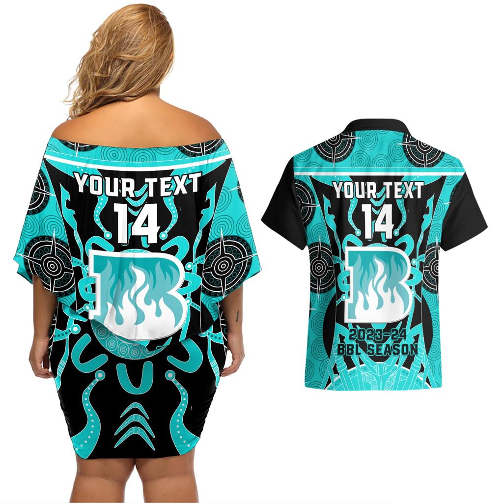 Custom Brisbane Heat Couples Matching Off Shoulder Short Dress and Hawaiian Shirt We Are The Champions Aboriginal Art