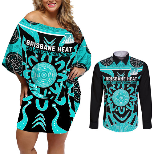 Custom Brisbane Heat Couples Matching Off Shoulder Short Dress and Long Sleeve Button Shirt We Are The Champions Aboriginal Art