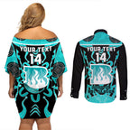 Custom Brisbane Heat Couples Matching Off Shoulder Short Dress and Long Sleeve Button Shirt We Are The Champions Aboriginal Art