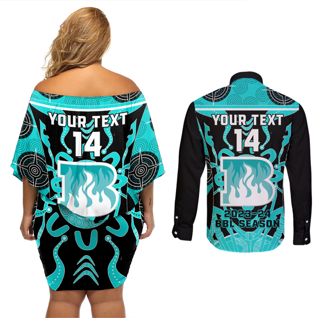 Custom Brisbane Heat Couples Matching Off Shoulder Short Dress and Long Sleeve Button Shirt We Are The Champions Aboriginal Art