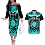 Custom Brisbane Heat Couples Matching Off The Shoulder Long Sleeve Dress and Hawaiian Shirt We Are The Champions Aboriginal Art