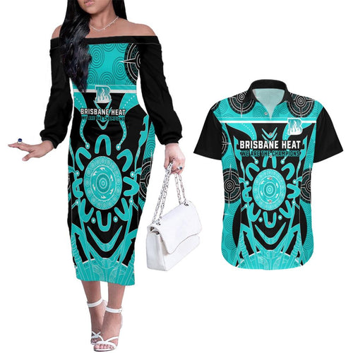 Custom Brisbane Heat Couples Matching Off The Shoulder Long Sleeve Dress and Hawaiian Shirt We Are The Champions Aboriginal Art