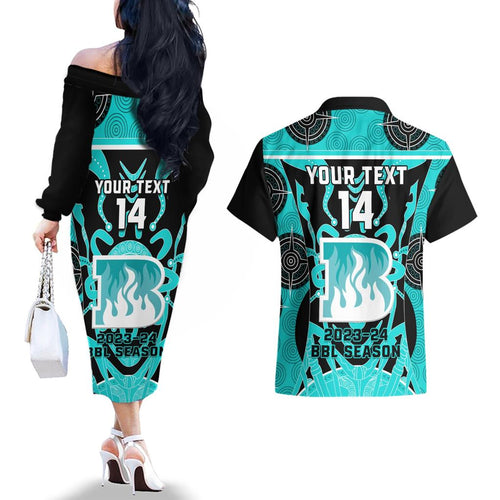 Custom Brisbane Heat Couples Matching Off The Shoulder Long Sleeve Dress and Hawaiian Shirt We Are The Champions Aboriginal Art