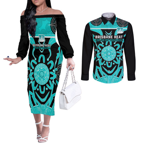 Custom Brisbane Heat Couples Matching Off The Shoulder Long Sleeve Dress and Long Sleeve Button Shirt We Are The Champions Aboriginal Art