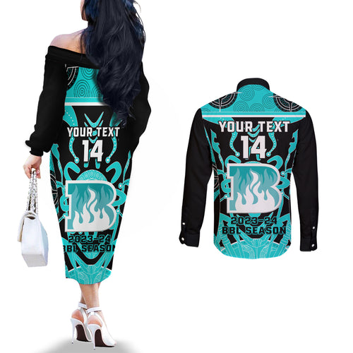 Custom Brisbane Heat Couples Matching Off The Shoulder Long Sleeve Dress and Long Sleeve Button Shirt We Are The Champions Aboriginal Art