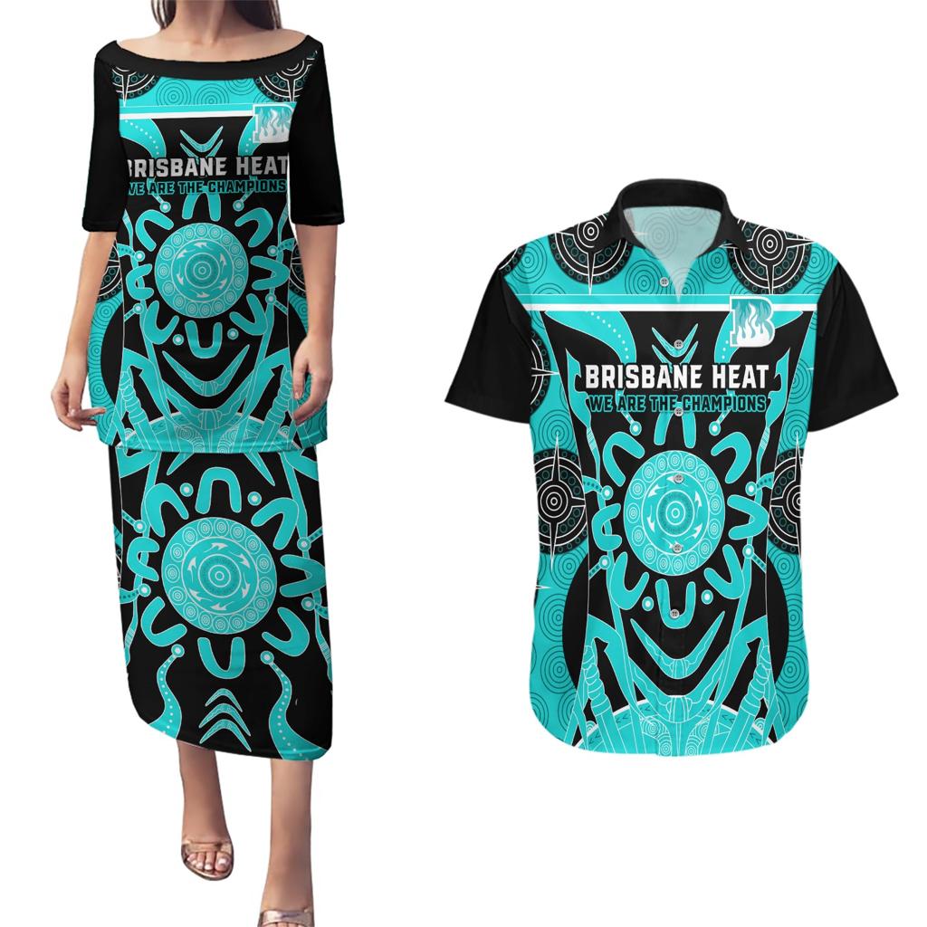 Custom Brisbane Heat Couples Matching Puletasi and Hawaiian Shirt We Are The Champions Aboriginal Art