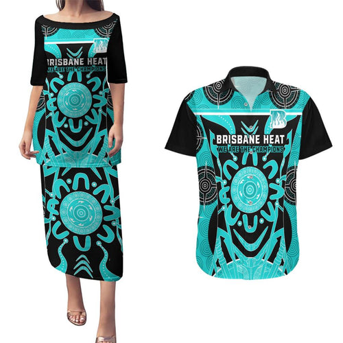 Custom Brisbane Heat Couples Matching Puletasi and Hawaiian Shirt We Are The Champions Aboriginal Art