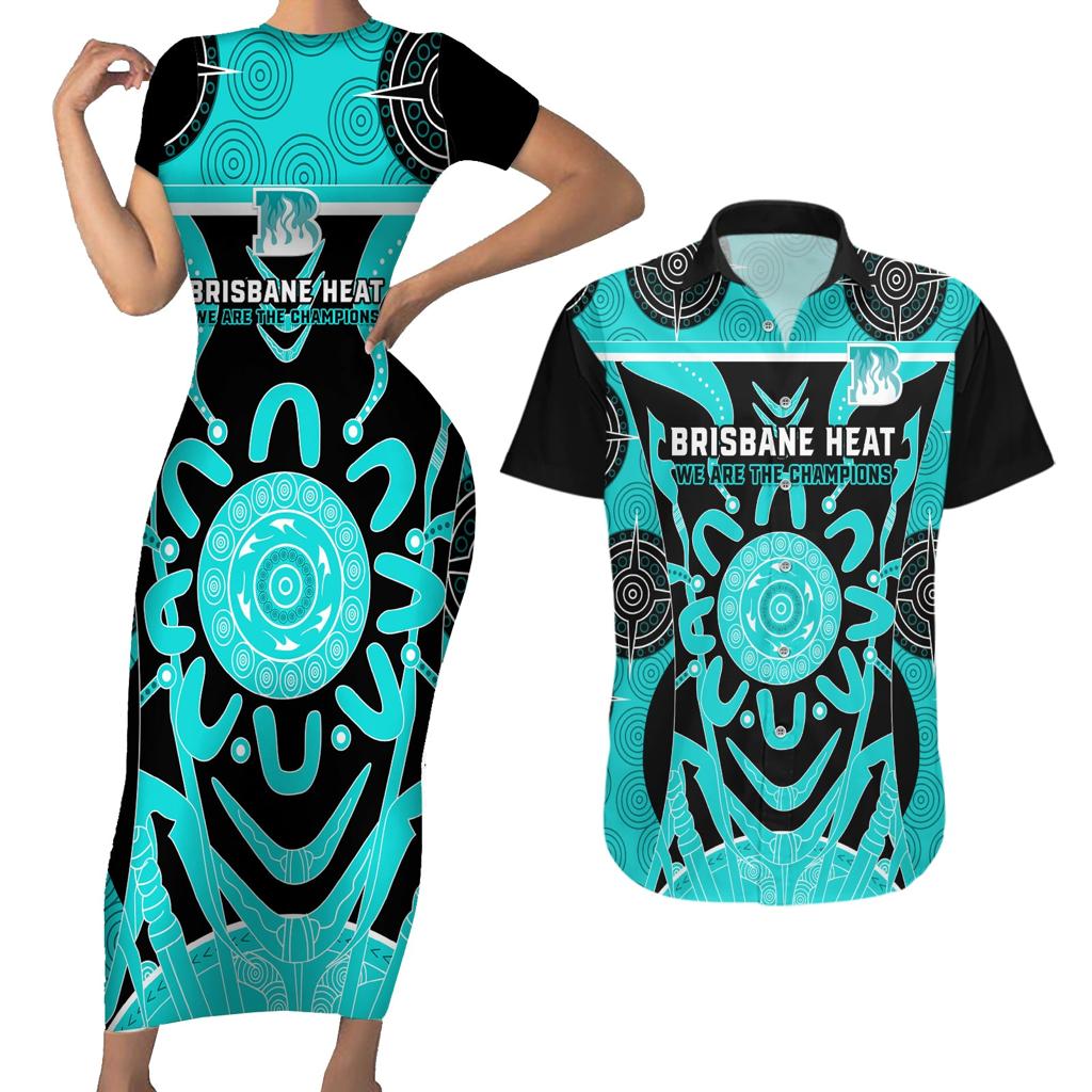 Custom Brisbane Heat Couples Matching Short Sleeve Bodycon Dress and Hawaiian Shirt We Are The Champions Aboriginal Art