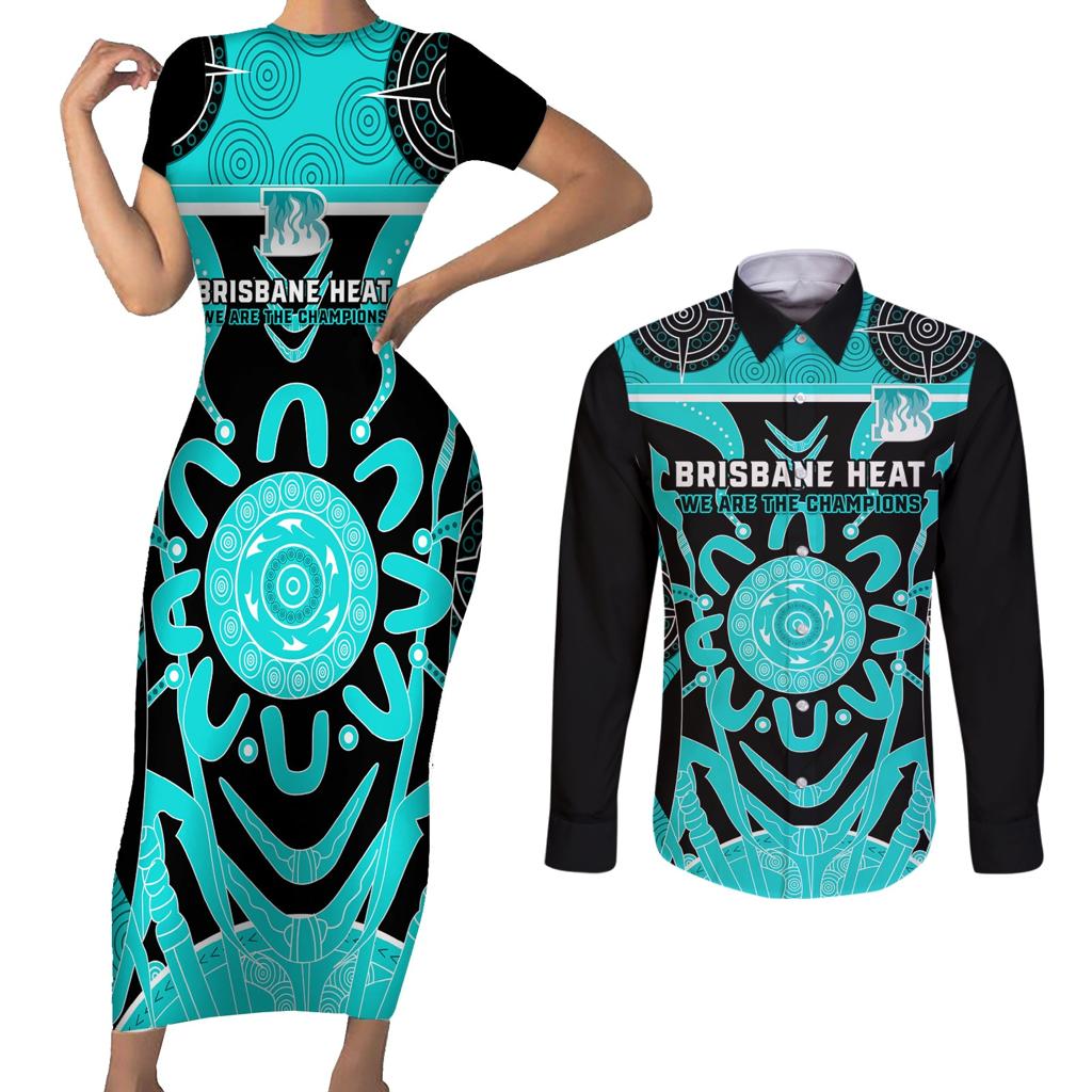 Custom Brisbane Heat Couples Matching Short Sleeve Bodycon Dress and Long Sleeve Button Shirt We Are The Champions Aboriginal Art