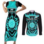 Custom Brisbane Heat Couples Matching Short Sleeve Bodycon Dress and Long Sleeve Button Shirt We Are The Champions Aboriginal Art