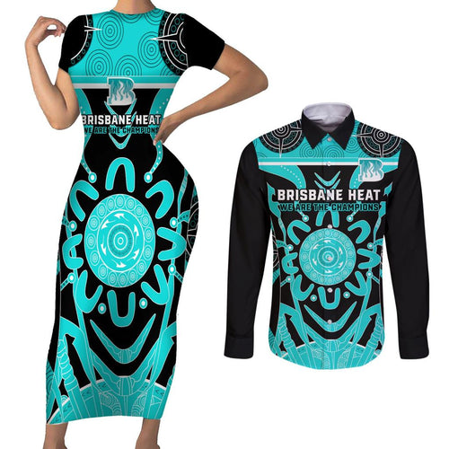 Custom Brisbane Heat Couples Matching Short Sleeve Bodycon Dress and Long Sleeve Button Shirt We Are The Champions Aboriginal Art