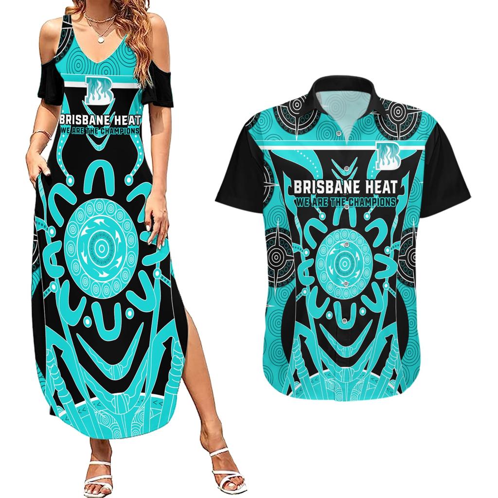 Custom Brisbane Heat Couples Matching Summer Maxi Dress and Hawaiian Shirt We Are The Champions Aboriginal Art