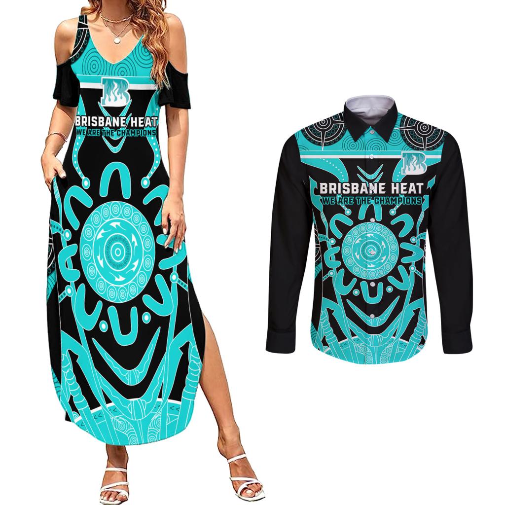 Custom Brisbane Heat Couples Matching Summer Maxi Dress and Long Sleeve Button Shirt We Are The Champions Aboriginal Art