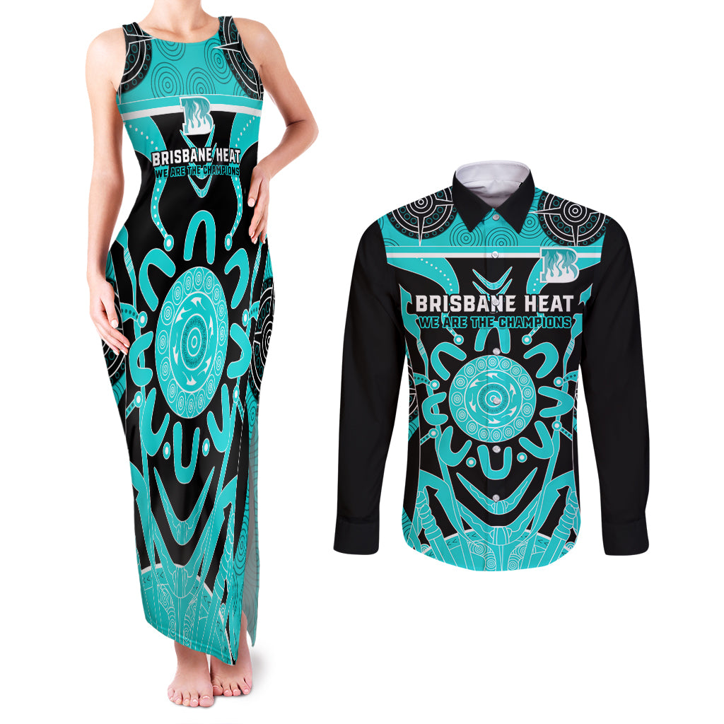 Custom Brisbane Heat Couples Matching Tank Maxi Dress and Long Sleeve Button Shirt We Are The Champions Aboriginal Art
