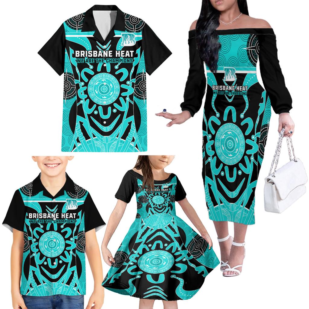 Custom Brisbane Heat Family Matching Off Shoulder Long Sleeve Dress and Hawaiian Shirt We Are The Champions Aboriginal Art