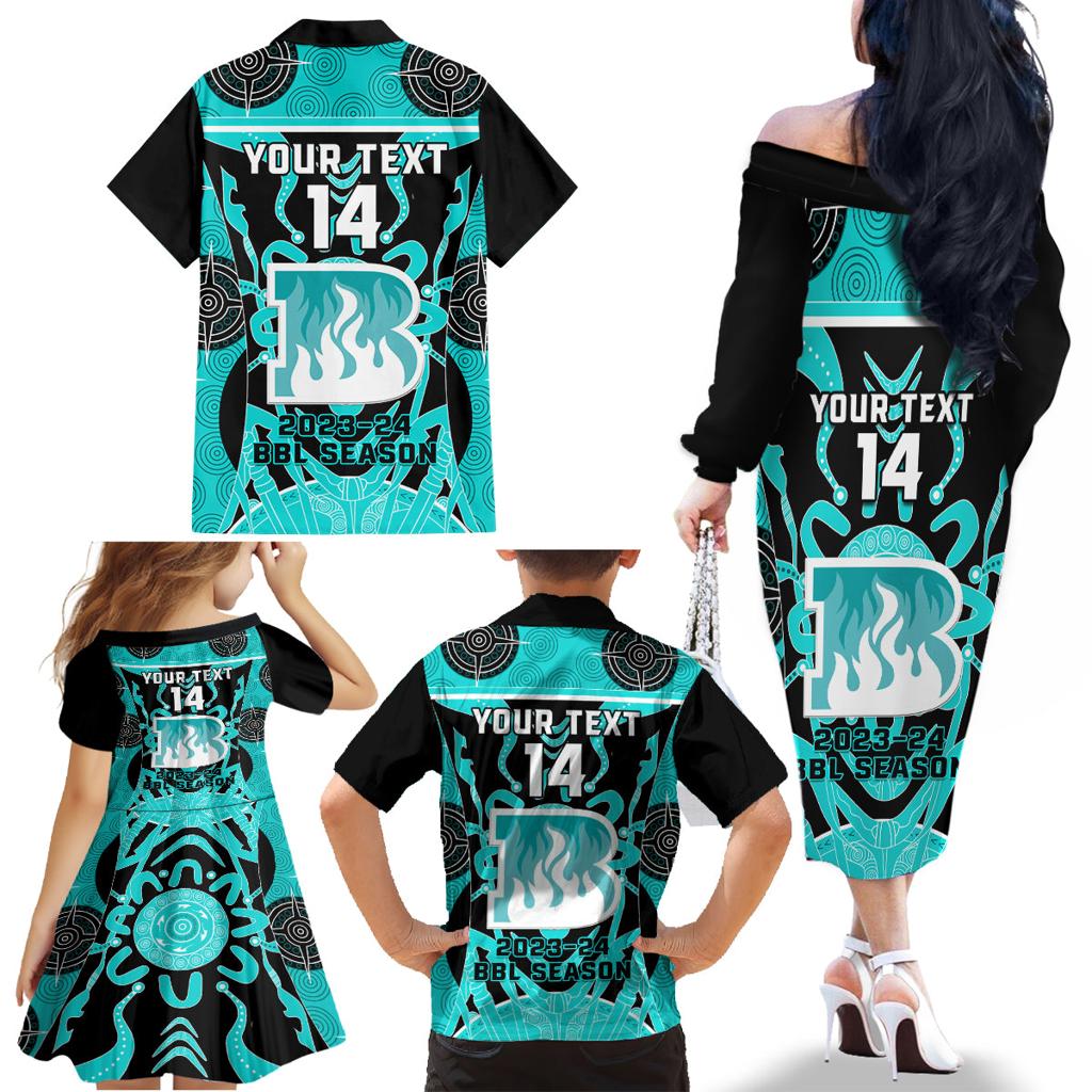 Custom Brisbane Heat Family Matching Off Shoulder Long Sleeve Dress and Hawaiian Shirt We Are The Champions Aboriginal Art