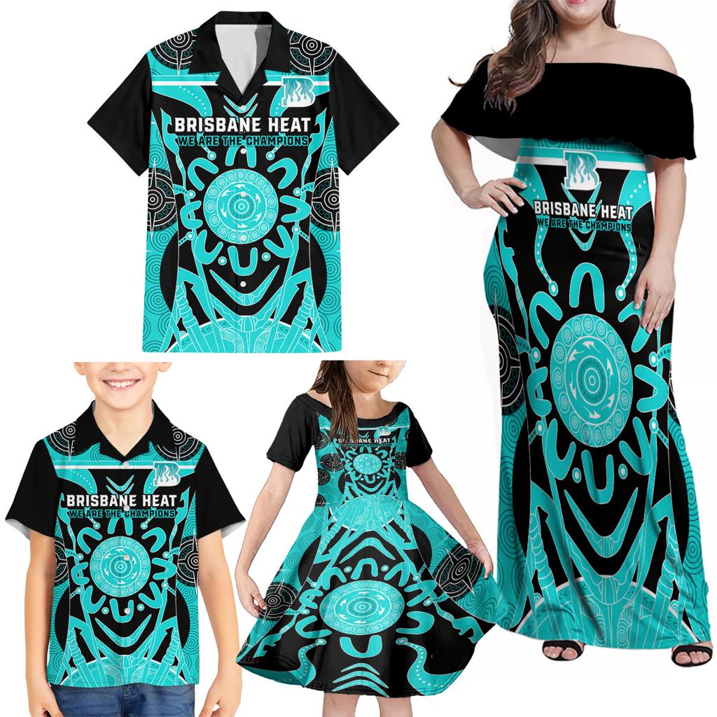 Custom Brisbane Heat Family Matching Off Shoulder Maxi Dress and Hawaiian Shirt We Are The Champions Aboriginal Art