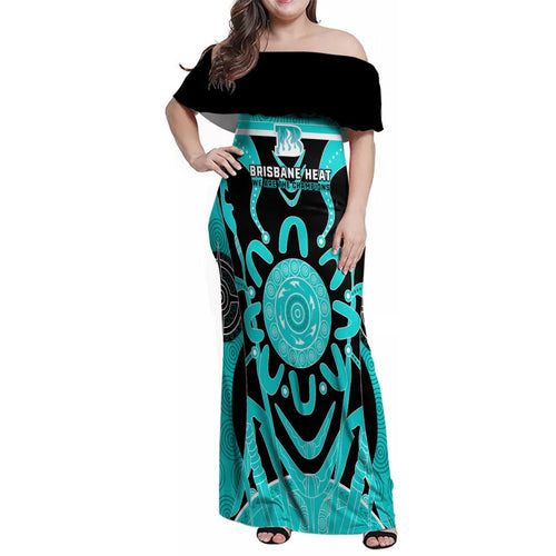 Custom Brisbane Heat Family Matching Off Shoulder Maxi Dress and Hawaiian Shirt We Are The Champions Aboriginal Art