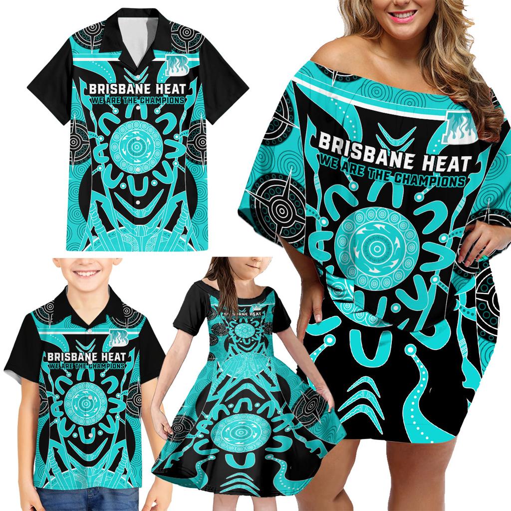 Custom Brisbane Heat Family Matching Off Shoulder Short Dress and Hawaiian Shirt We Are The Champions Aboriginal Art