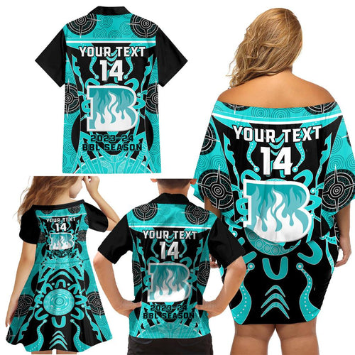Custom Brisbane Heat Family Matching Off Shoulder Short Dress and Hawaiian Shirt We Are The Champions Aboriginal Art