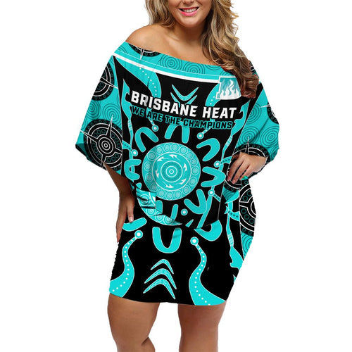 Custom Brisbane Heat Family Matching Off Shoulder Short Dress and Hawaiian Shirt We Are The Champions Aboriginal Art