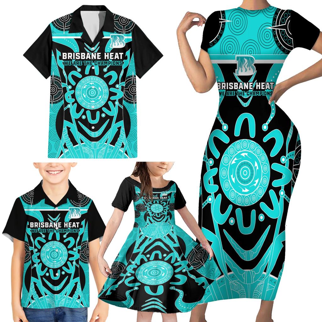 Custom Brisbane Heat Family Matching Short Sleeve Bodycon Dress and Hawaiian Shirt We Are The Champions Aboriginal Art