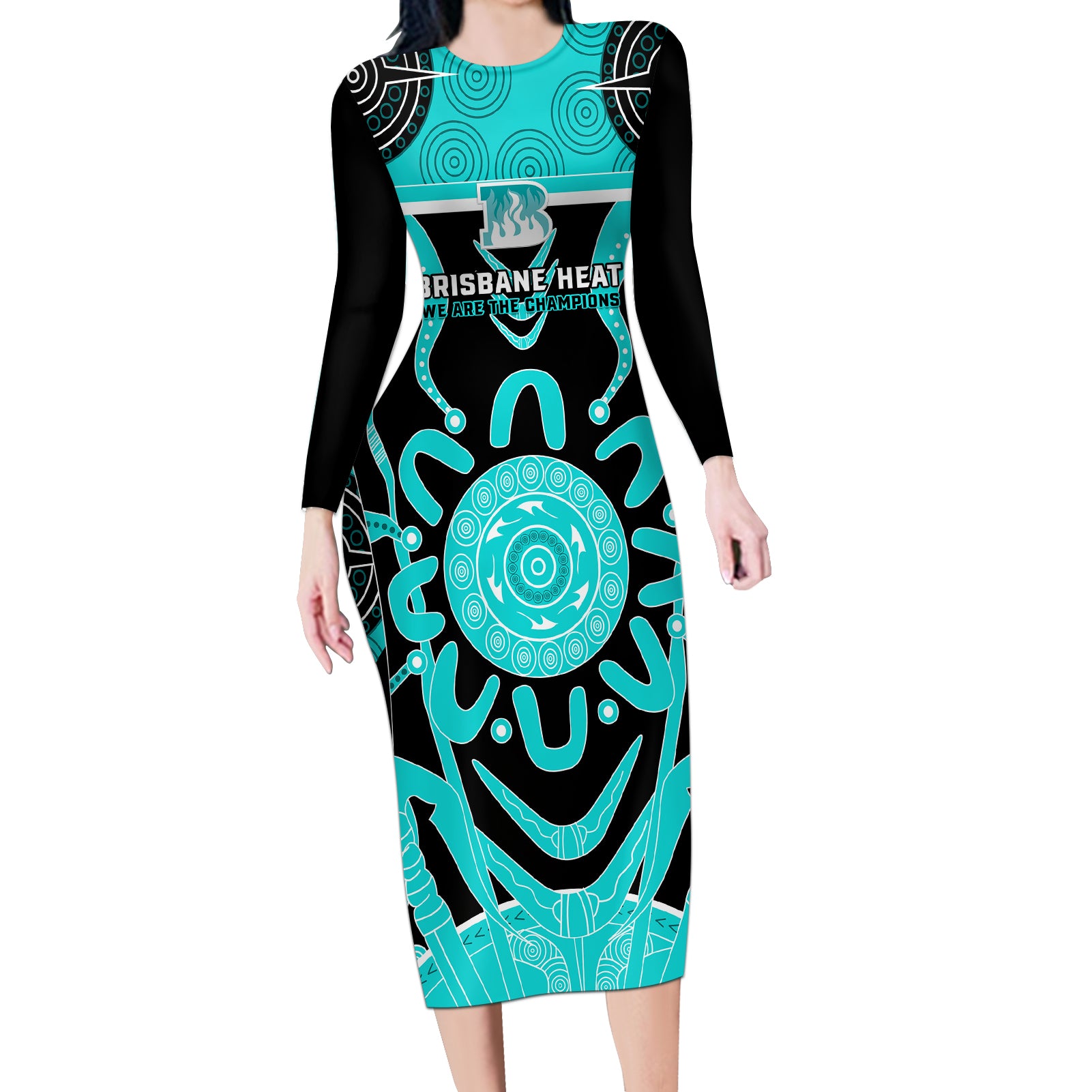 Custom Brisbane Heat Long Sleeve Bodycon Dress We Are The Champions Aboriginal Art