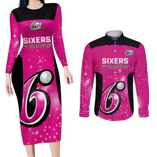 Personalised BBL Sydney Sixers Couples Matching Long Sleeve Bodycon Dress and Long Sleeve Button Shirt 4th Champions 2024 New History