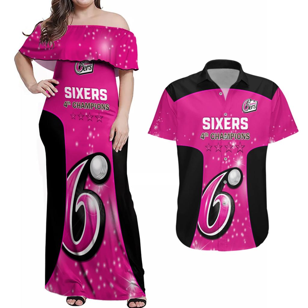 Personalised BBL Sydney Sixers Couples Matching Off Shoulder Maxi Dress and Hawaiian Shirt 4th Champions 2024 New History
