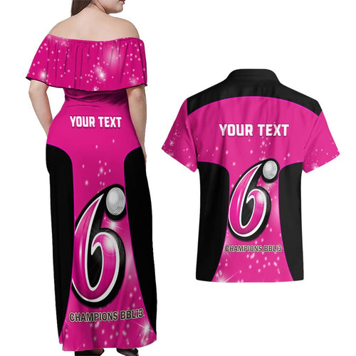 Personalised BBL Sydney Sixers Couples Matching Off Shoulder Maxi Dress and Hawaiian Shirt 4th Champions 2024 New History