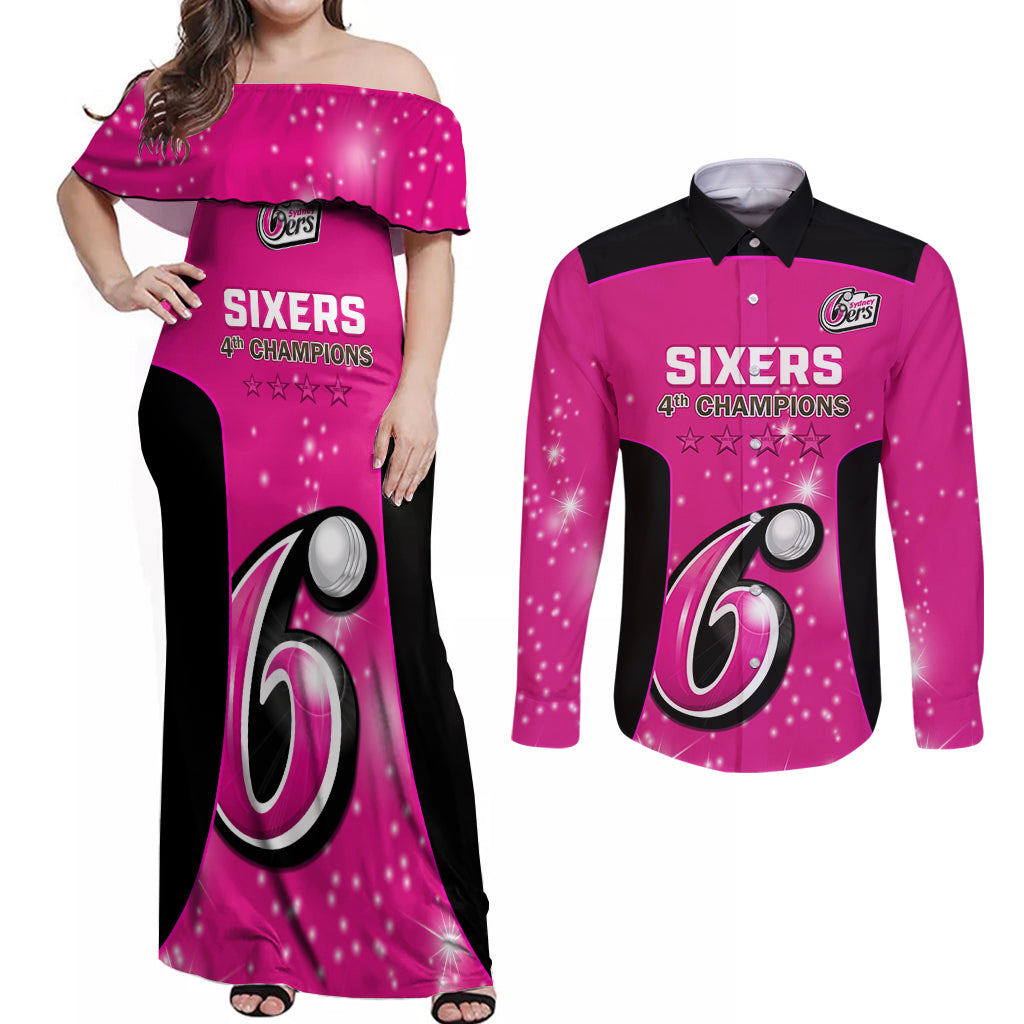 Personalised BBL Sydney Sixers Couples Matching Off Shoulder Maxi Dress and Long Sleeve Button Shirt 4th Champions 2024 New History