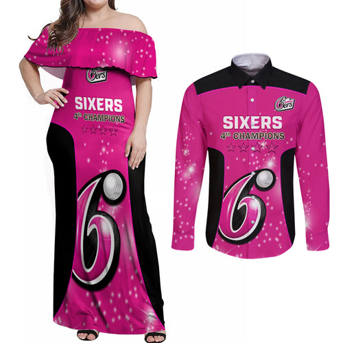 Personalised BBL Sydney Sixers Couples Matching Off Shoulder Maxi Dress and Long Sleeve Button Shirt 4th Champions 2024 New History
