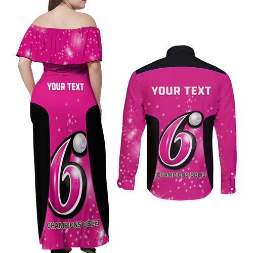Personalised BBL Sydney Sixers Couples Matching Off Shoulder Maxi Dress and Long Sleeve Button Shirt 4th Champions 2024 New History