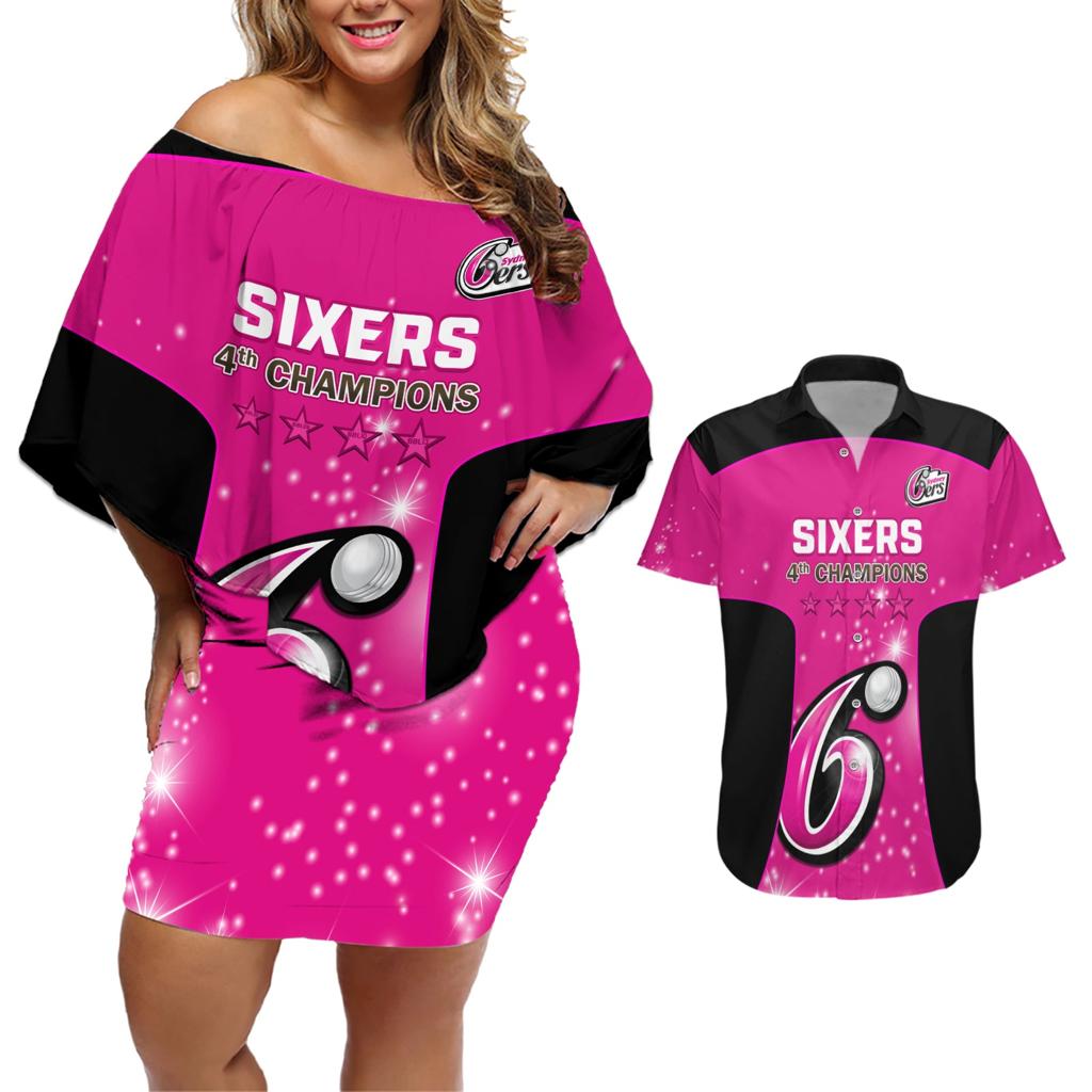 Personalised BBL Sydney Sixers Couples Matching Off Shoulder Short Dress and Hawaiian Shirt 4th Champions 2024 New History