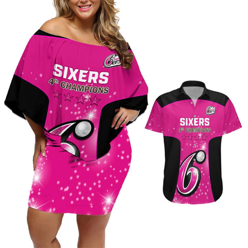 Personalised BBL Sydney Sixers Couples Matching Off Shoulder Short Dress and Hawaiian Shirt 4th Champions 2024 New History