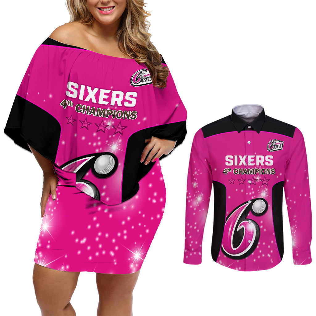 Personalised BBL Sydney Sixers Couples Matching Off Shoulder Short Dress and Long Sleeve Button Shirt 4th Champions 2024 New History