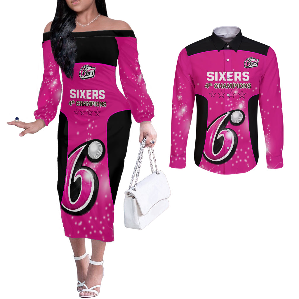 Personalised BBL Sydney Sixers Couples Matching Off The Shoulder Long Sleeve Dress and Long Sleeve Button Shirt 4th Champions 2024 New History