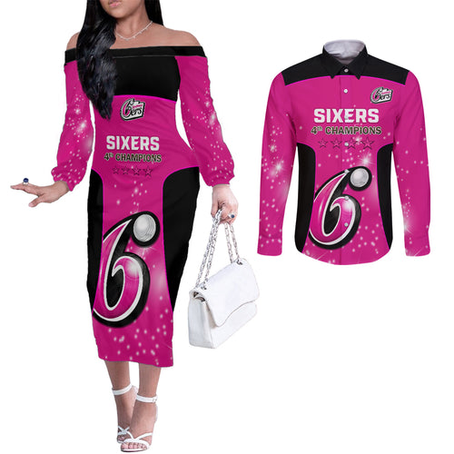 Personalised BBL Sydney Sixers Couples Matching Off The Shoulder Long Sleeve Dress and Long Sleeve Button Shirt 4th Champions 2024 New History