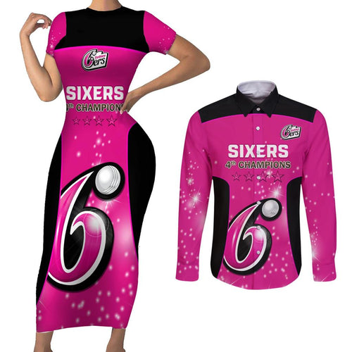 Personalised BBL Sydney Sixers Couples Matching Short Sleeve Bodycon Dress and Long Sleeve Button Shirt 4th Champions 2024 New History