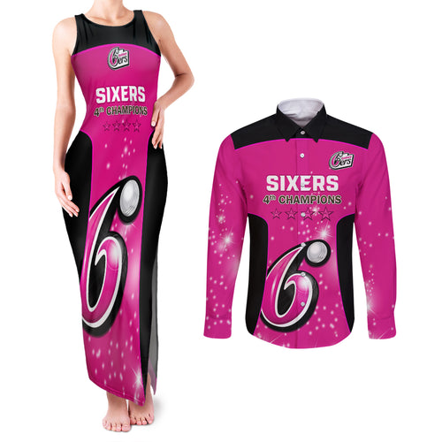Personalised BBL Sydney Sixers Couples Matching Tank Maxi Dress and Long Sleeve Button Shirt 4th Champions 2024 New History