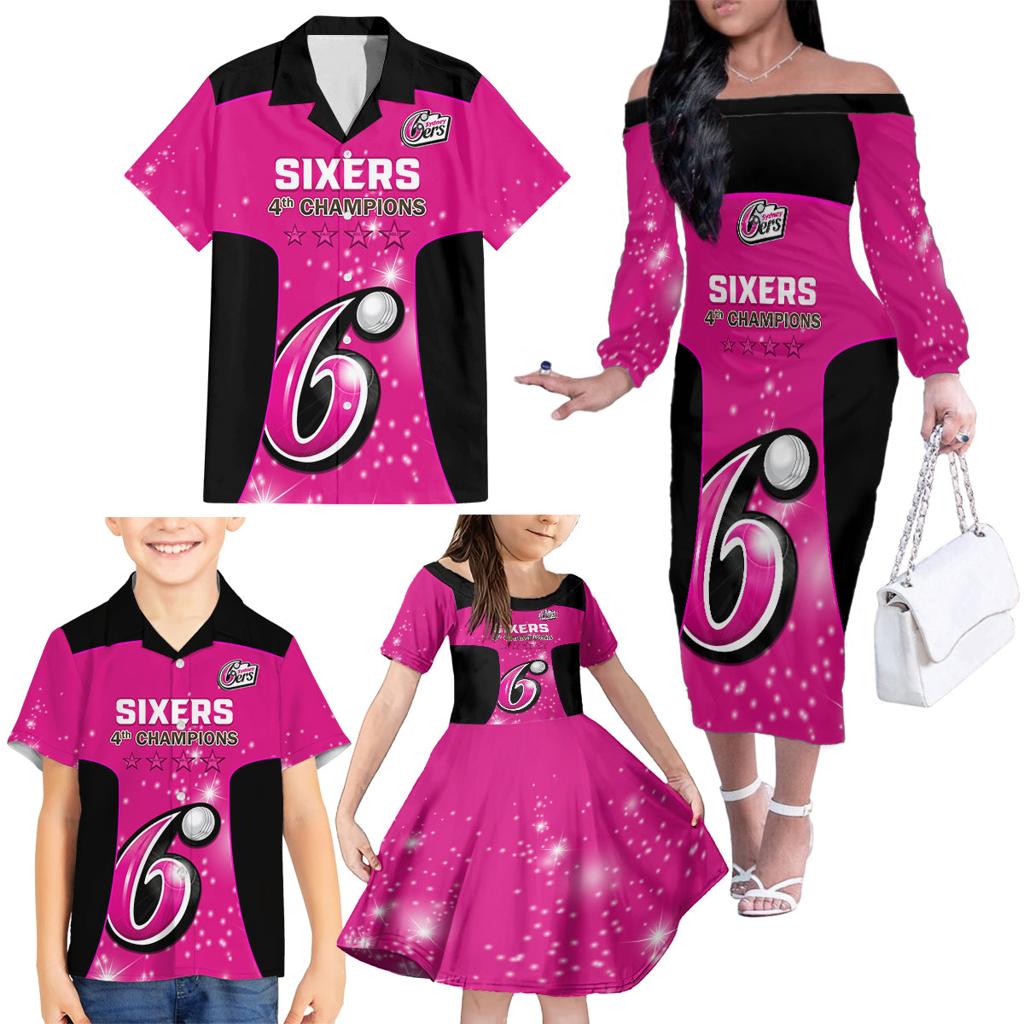 Personalised BBL Sydney Sixers Family Matching Off Shoulder Long Sleeve Dress and Hawaiian Shirt 4th Champions 2024 New History