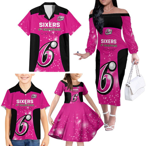 Personalised BBL Sydney Sixers Family Matching Off Shoulder Long Sleeve Dress and Hawaiian Shirt 4th Champions 2024 New History