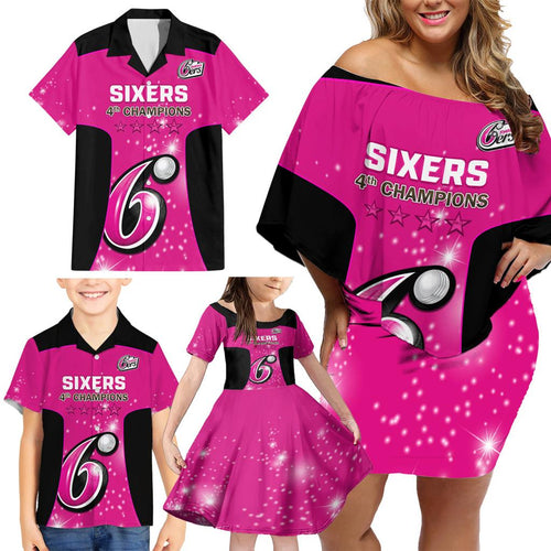 Personalised BBL Sydney Sixers Family Matching Off Shoulder Short Dress and Hawaiian Shirt 4th Champions 2024 New History