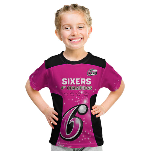 Personalised BBL Sydney Sixers Kid T Shirt 4th Champions 2024 New History