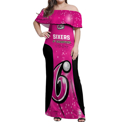 Personalised BBL Sydney Sixers Off Shoulder Maxi Dress 4th Champions 2024 New History