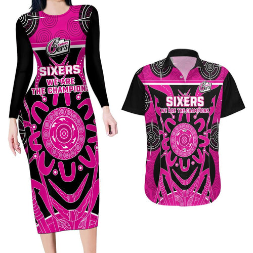 Custom Sydney Sixers Couples Matching Long Sleeve Bodycon Dress and Hawaiian Shirt We Are The Champions Aboriginal Art