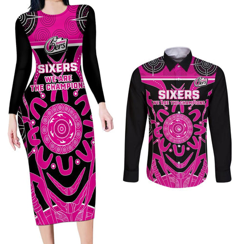 Custom Sydney Sixers Couples Matching Long Sleeve Bodycon Dress and Long Sleeve Button Shirt We Are The Champions Aboriginal Art