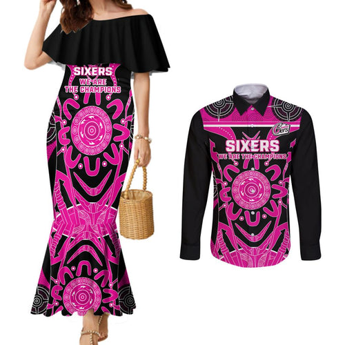 Custom Sydney Sixers Couples Matching Mermaid Dress and Long Sleeve Button Shirt We Are The Champions Aboriginal Art
