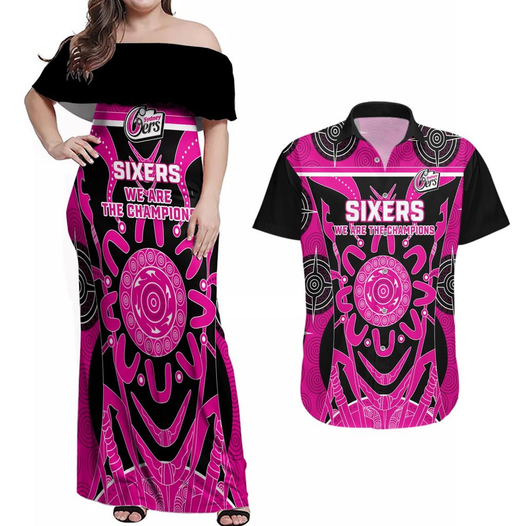 Custom Sydney Sixers Couples Matching Off Shoulder Maxi Dress and Hawaiian Shirt We Are The Champions Aboriginal Art